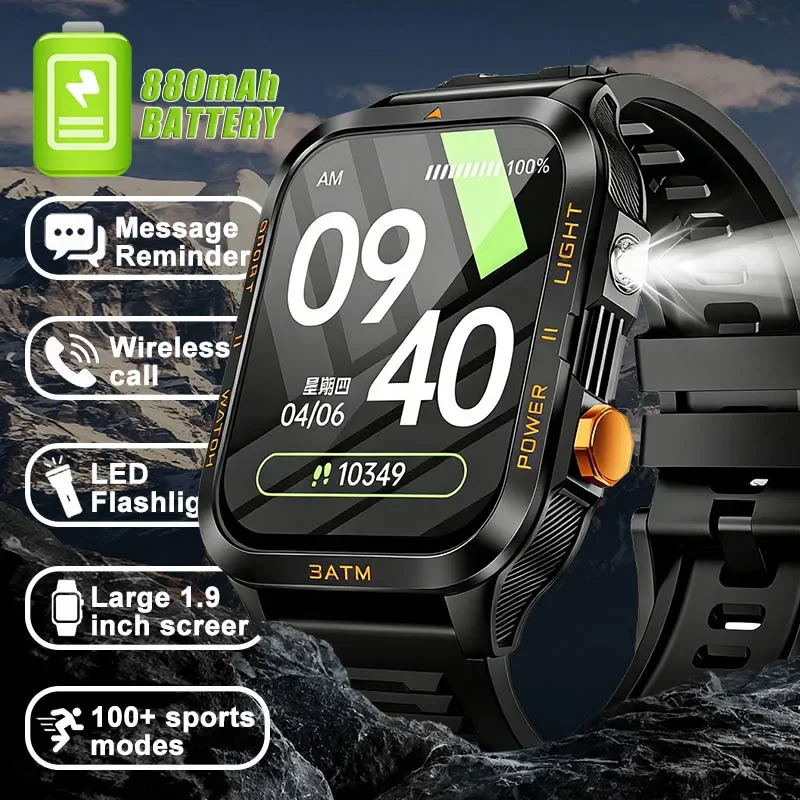 

2026 New Men Smart Watch Military Outdoor 880mAh Battery Flashlight 1.96 inch Bluetooth Call Health Monitoring Smartwatch