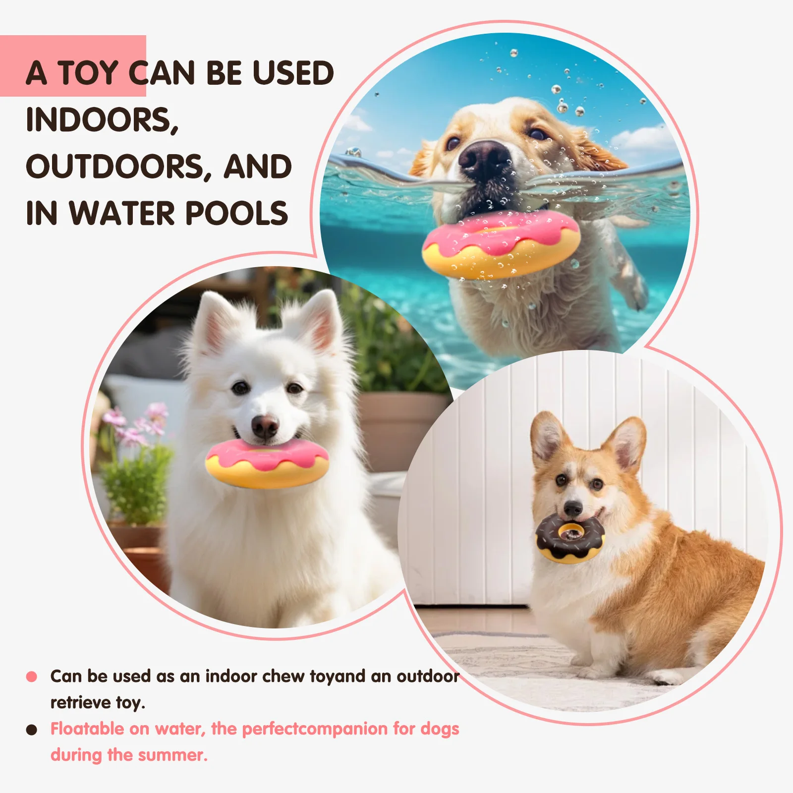 Rubber donut dog toy with functions of grinding teeth, cleaning teeth, interactive companionship, relaxation, and vocalization