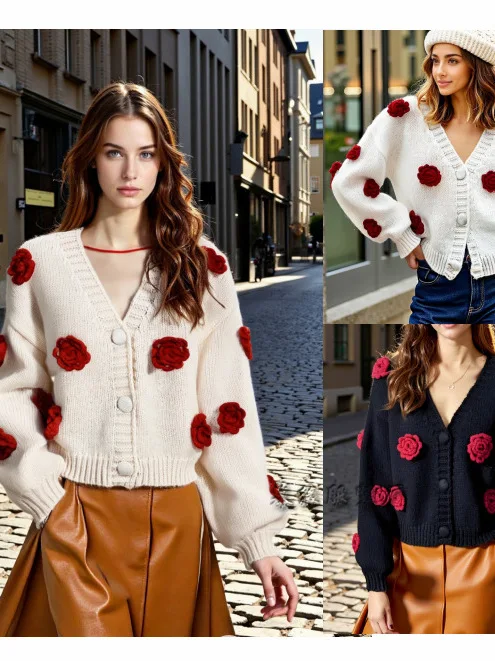 

Женский вязаный кардиган с длинными рукавами, цветочной 3D-вышивкой, свободного кроя, с V-образным вырезом, на весну-осень-зиму, повседневный