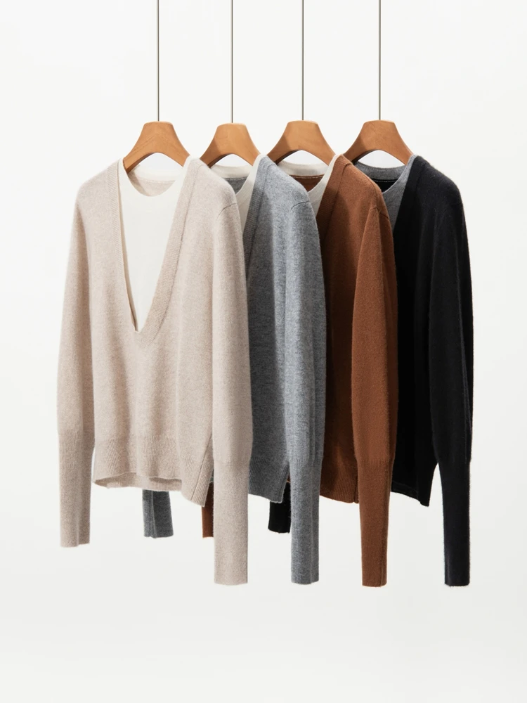 

Autumn Winter Fake Two Picec Cashmere Pullover Sweater Women Clashing Color O-neck Loose Versatile Basic Knit Long Sleeve Tops