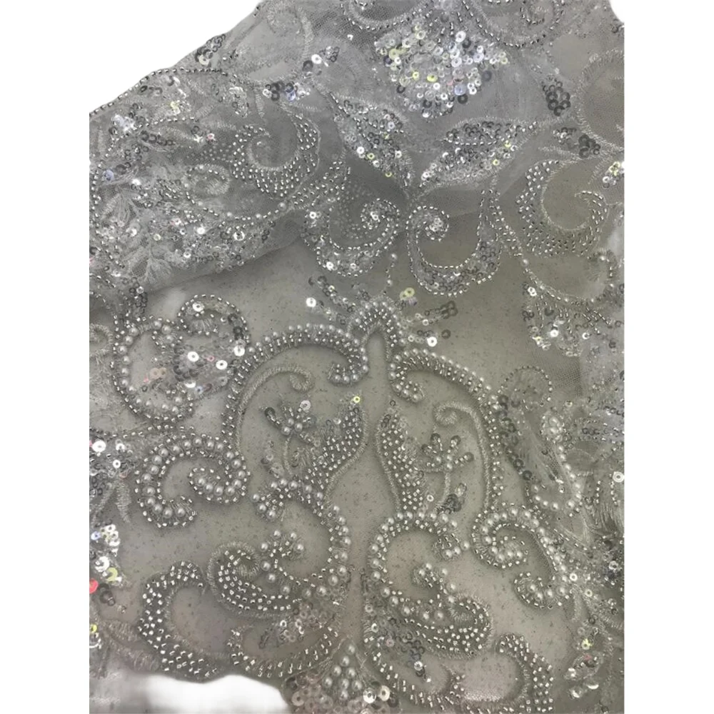 

African Tulle Mesh Lace beads Fabric L-13022014 High Quality Nigerian French Lace Fabric For Wedding Party Dress