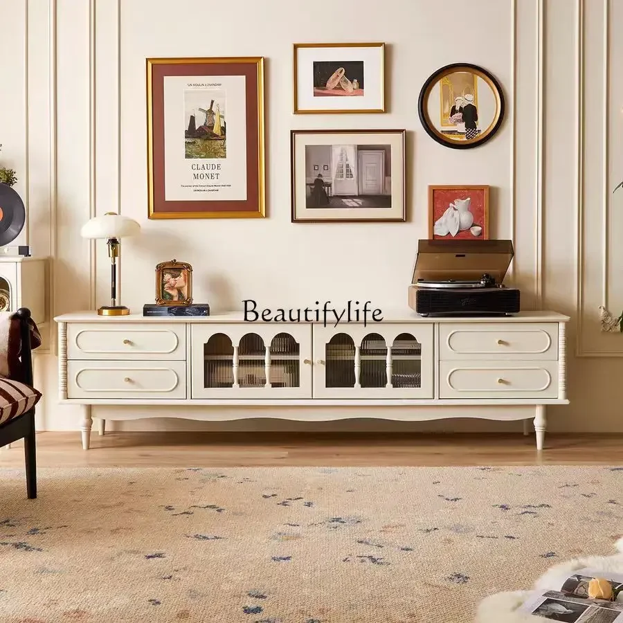 

LJYCream white solid wood light luxury TV cabinet American retro living room home floor storage TV cabinet
