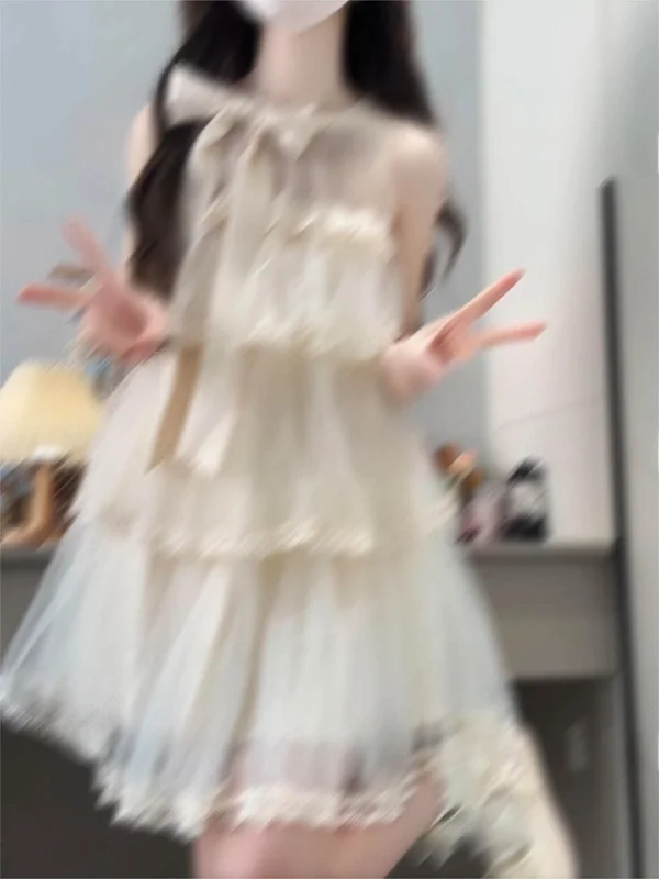 Ele  Knot Svel Dr Summer New Gentle Sweet Fluffy Waist a Net ort Skirt A-Line Silhouette Pure C...