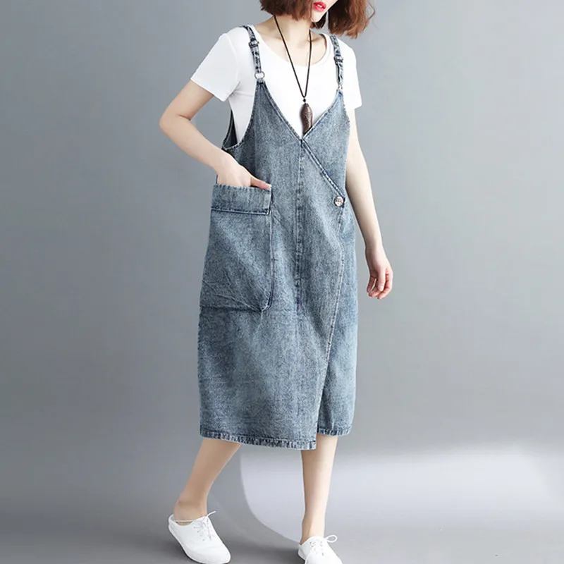 Hot Summer Retro Spaghetti Strap Denim Dress Women With Big Pockets Loose Vintage Overall Jeans Dresses Ladies Black Blue