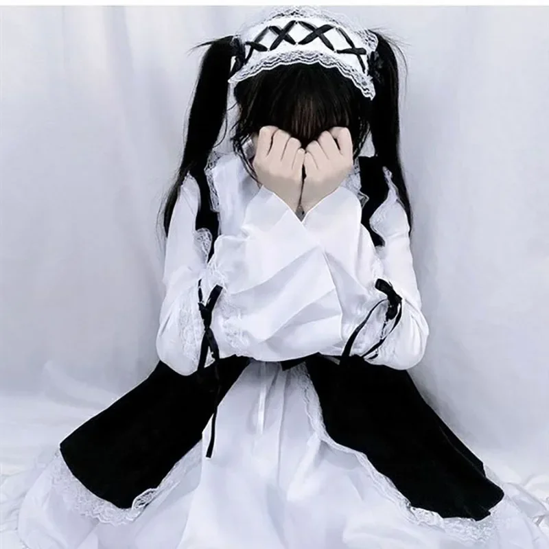 Kobiety Pokojówka Strój Lolita Cosplay Śliczny Seksowny Erotyczny Kawaii Cafe Kostium Czarny Biały Mężczyźni Uniform Fartuch Sukienka Śliczna