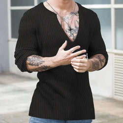 Decote em v profundo masculino de malha fina, blusa casual de manga comprida, roupa de outono e inverno, tendência fashion