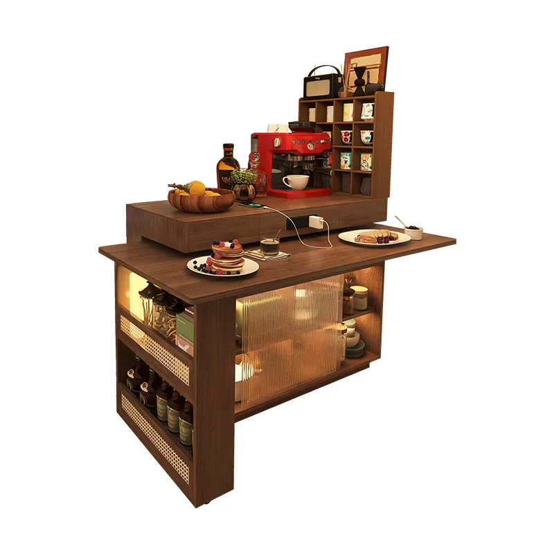 

Rotating island dining table, one-piece retractable small apartment, solid wood walnut color