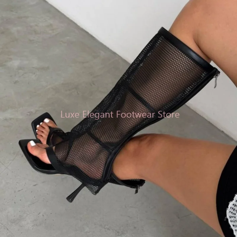 

Black Mesh Split Square Toe Thin Heel Long Boots Women Solid Hollow Back Zipper Long Boots Street Style Summer Shoes New Arrival