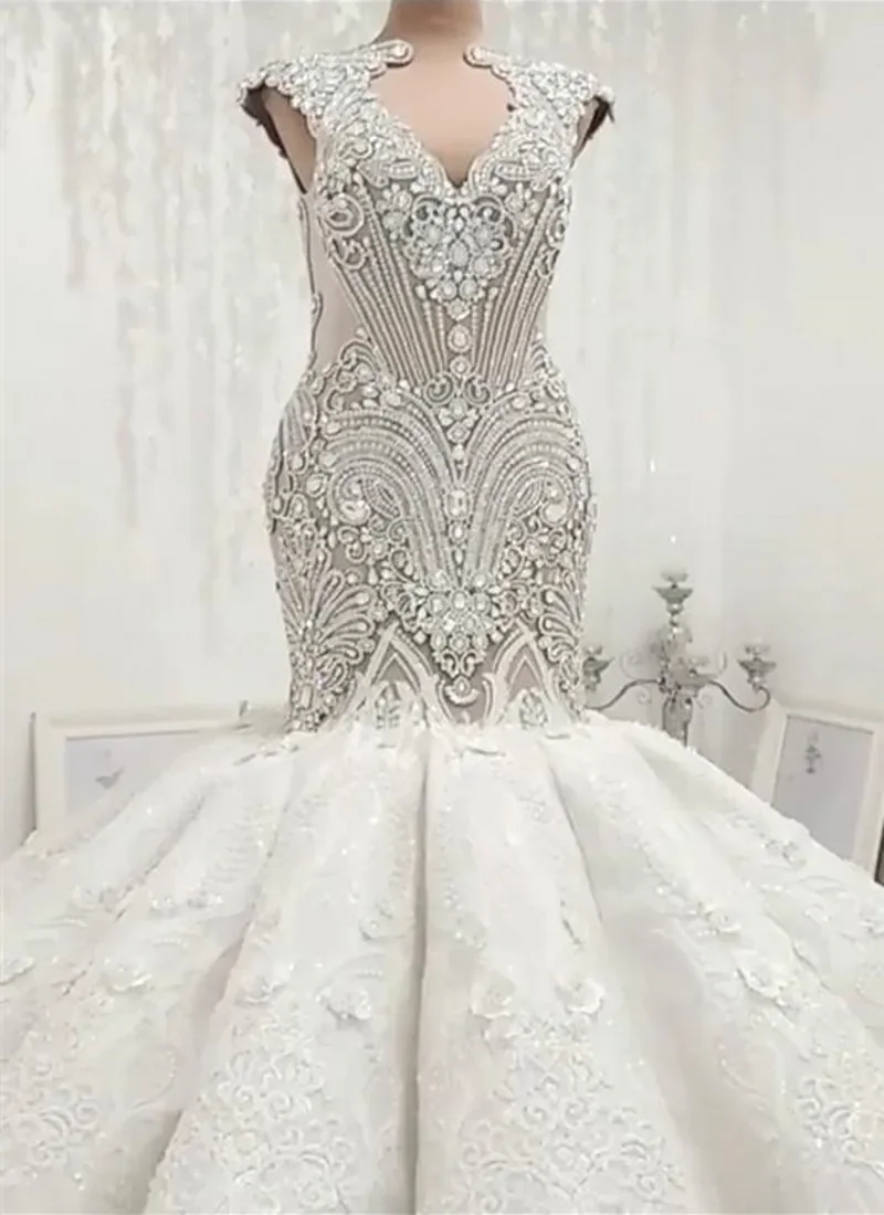 

Customized Sparkly O-Neck Heavy Crystals Beads Arabic Wedding Dress 2024 Vestido De Noiva Sereia Cap Sleeves Open Back Bridal