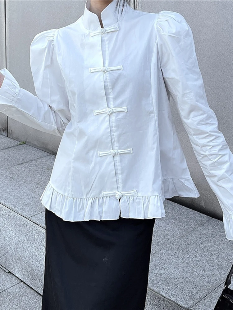 

SONNEESD Autumn New Chinese Style Suit Chinese Style Retro Loose Solid Color Full Puff Sleeve Button Ruffled Ancient Shirt