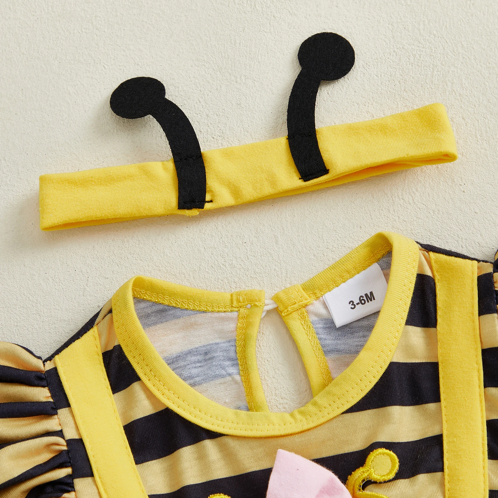 

Tregren Newborn Baby Girl Romper Dress Striped Long Sleeve Bee Embroidery Round Neck Bodysuit with Headband Sets Infant Clothes