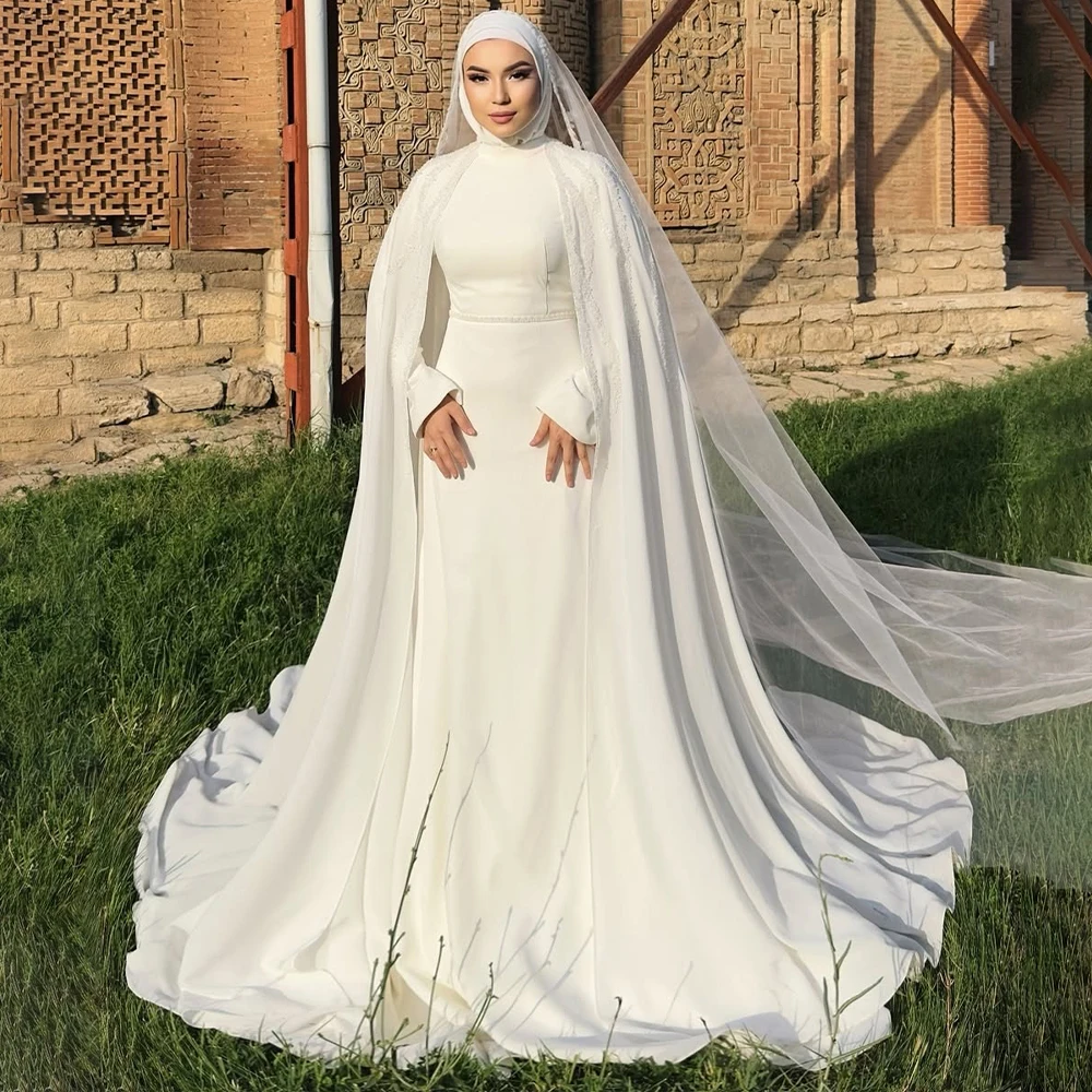 Mophiel Muslim Wedding Dresses High Neck Hijab Long Sleeve Luxury Bride Dress with Shawl Appliques A Line Bridal Gown Customized