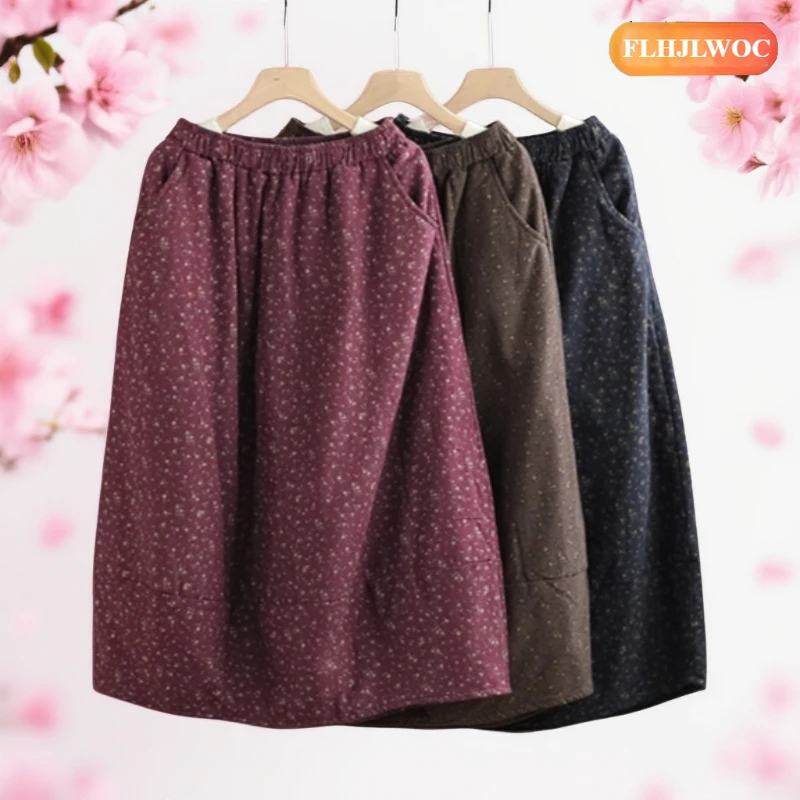 القطن الكتان التنانير شتاء دافئ المبيعات الساخنة 2026 السنة الجديدة امرأة اليابان الفتيات الرجعية خمر الأزهار طباعة جيوب تنورة طويلة سميكة #3