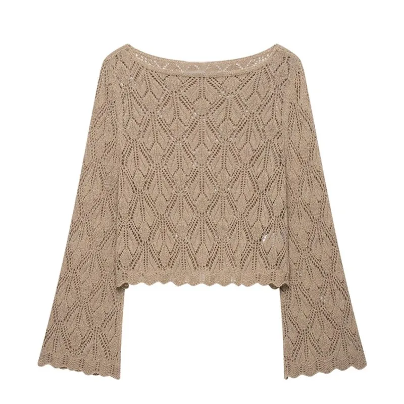 Women's Hollow Knit Pullover Autumn New Round Neck Long Sleeve Short Sweater Fashion Casual Female French Style Vacation Tops