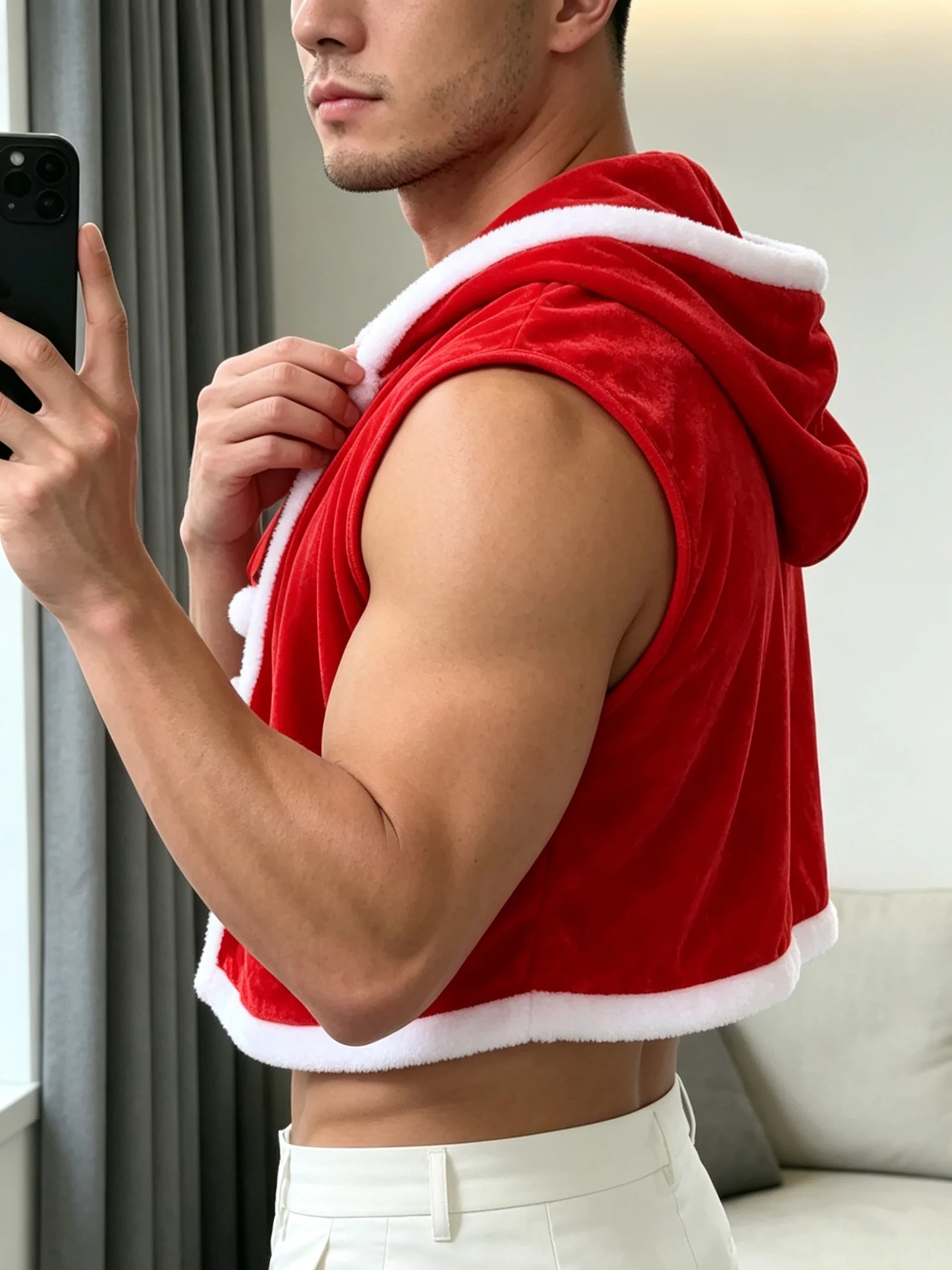 Sexy Weihnachtsoutfit, 2-teiliges Set, kurzer Kapuzenmantel, Weihnachtsmann-Mantel, Mütze, Herren-Cosplay, Samt, Weihnachtsfeier, Rollenspiel-Kostüm – Detail 5