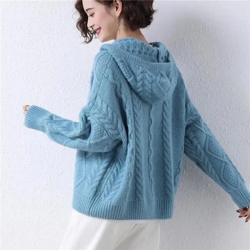 Hooded Knitting 2023 New Autumn Women Coat Diamond Horn Buckle Temperament Thicken Schoolgirl Women Winter Warm Cardigan Jacket