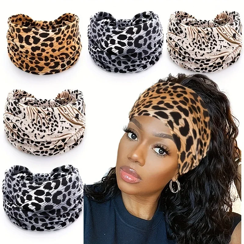 

Trendy Leopard Print Sports Headband - Wide Elastic Sweatband for Women, Cool Knotted Hairband