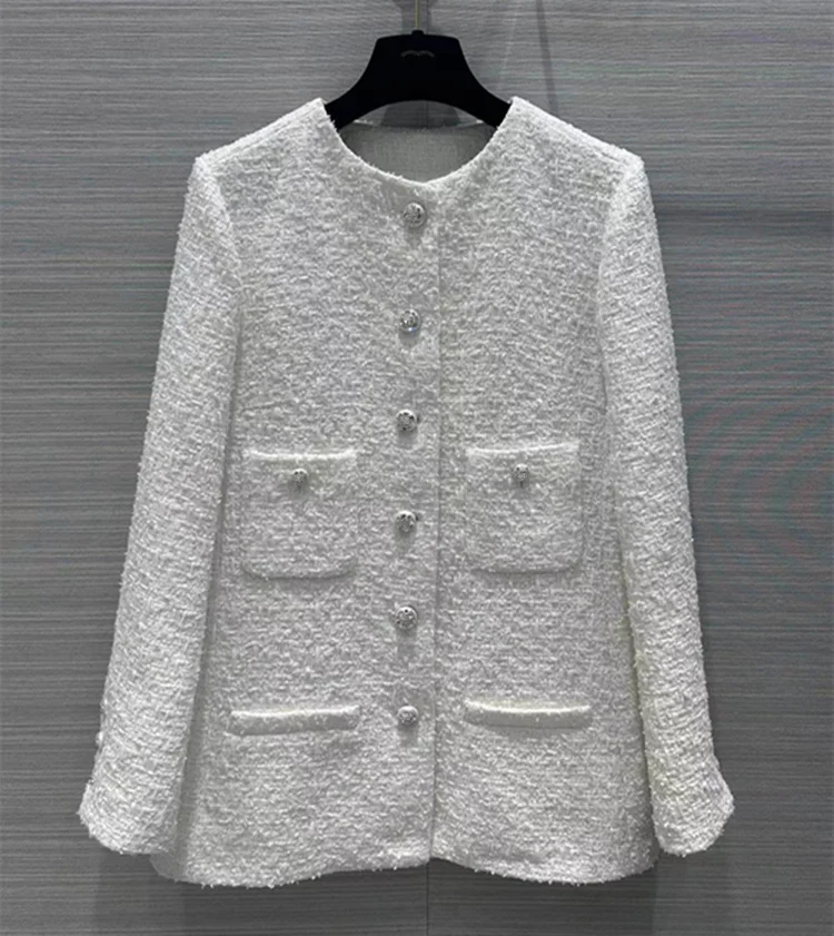 

European and American women's clothes 2023 spring new Long sleeve single breasted Fashion pocket Round neck White tweed coat