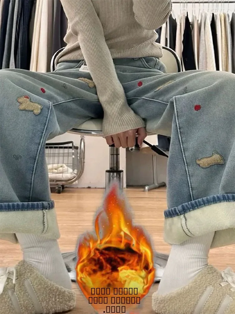 

Корейские джинсы с вышивкой, на подкладке, прямого кроя, женские, осенне-зимние, новые, теплые, с высокой талией, утягивающие, широкие...