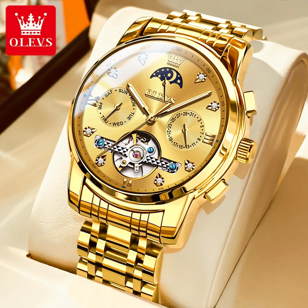 

OLEVS Luxury Gold Tourbillon Watch for Men Stainless Steel Strap Waterproof Date Moon Phase Fashion Mechanical Watches Mens