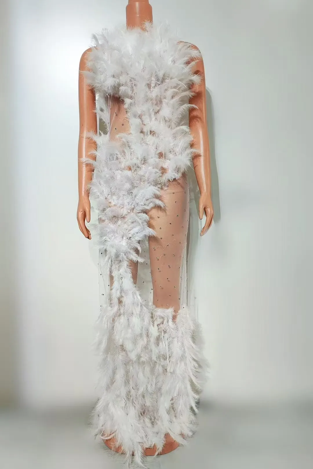 

White Screen Window Feather Perspective MeshTight Sexy Exposed Backpack Hip Long DressNightclub Bar Performance Costume A836