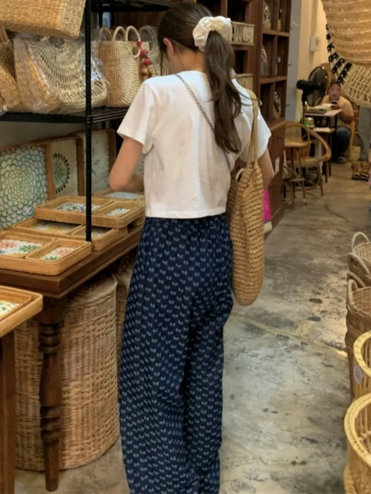 여름 세련된 빈티지 Dstring 나비 매듭 인쇄 캐주얼 바지 넓은 다리 데님 여성의 세련된 다목적 긴 바지