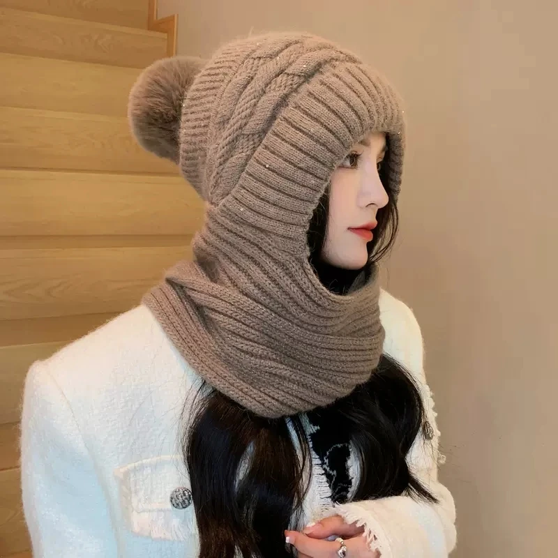 

Winter Women Knitting Cap Men And Women Outdoor Warm Thickening Velvet Loose Winter Hat With Scarf Brand Winter Ski Mask Hat