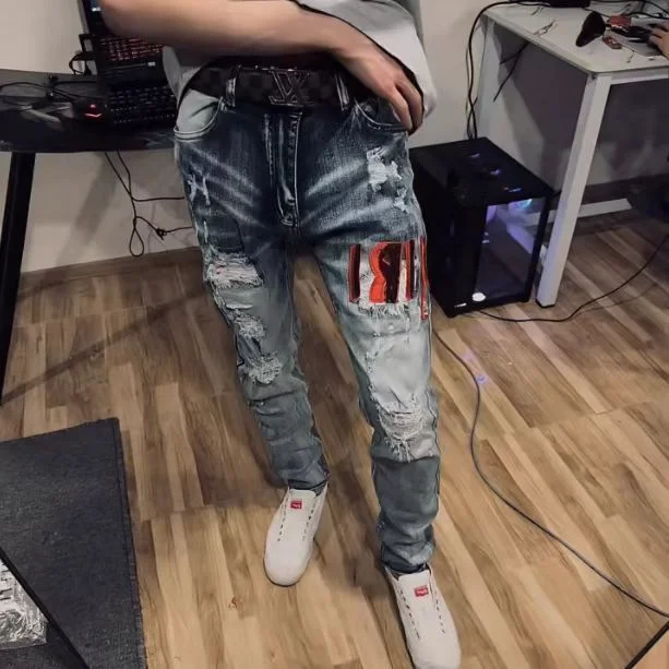 

Корейские модные рваные джинсы с вышивкой, мужские облегающие брюки для маленьких ног, модные брендовые нишевые брюки, джинсовые брюки для мужчин