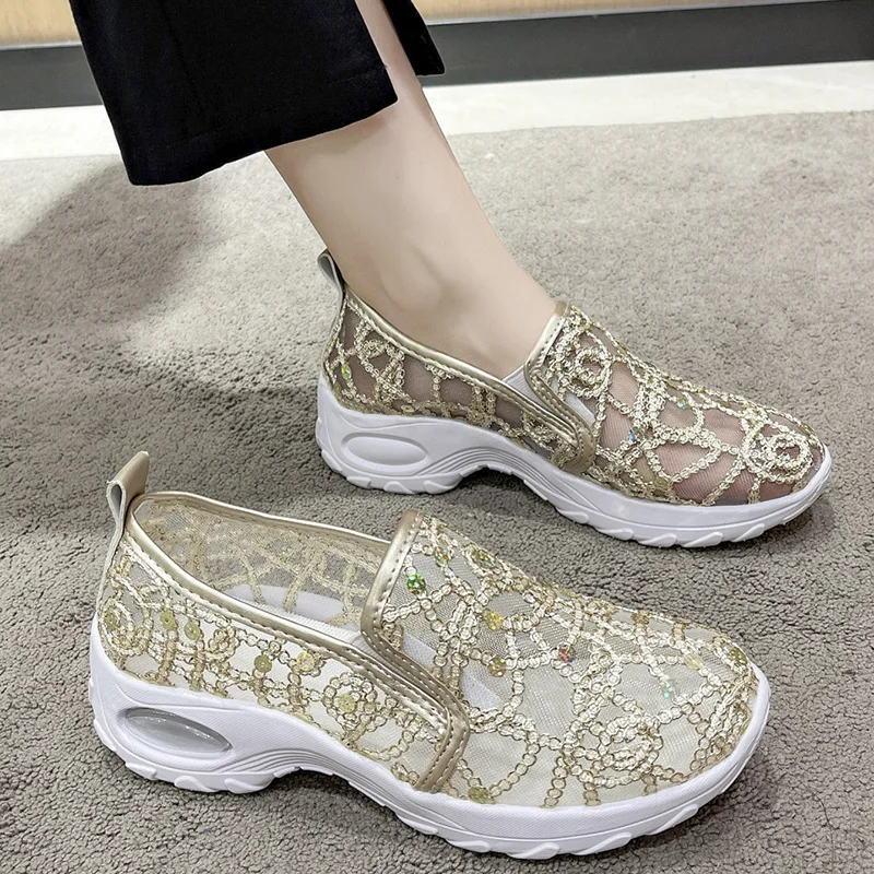 Air Coushion Loafers for Women Autumn 2024 Breathable Mesh Silver Glitter Casual Shoes Woman Slip On Platform Moccasins Plus 42