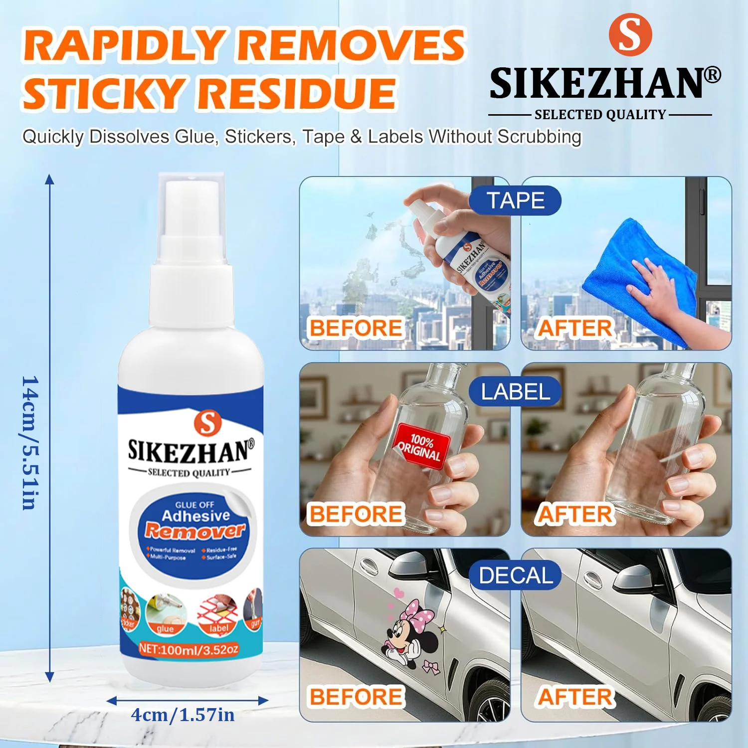 بخاخ مزيل لاصق قوي يزيل الملصقات/الملصقات/الشريط/اللثة/القطر بدون بقايا، آمن على السطح يتضمن منشفة مكشطة 100 مل/3.5 أونصة