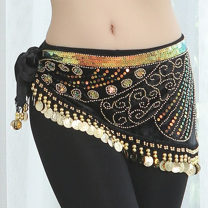Belly Dance Practice Performance Hip Scarf with Coins Women Oriental Indian Beaded Embroidery Belt 6 Colors Professional Costume