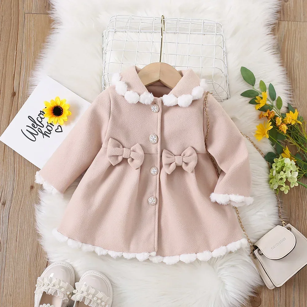 (0-3 Years Old) Winter New Woolen Coat for Baby Girls Coat Coat Coat Furry Lapel Bow Long Sleeve Warm Fashion Coat