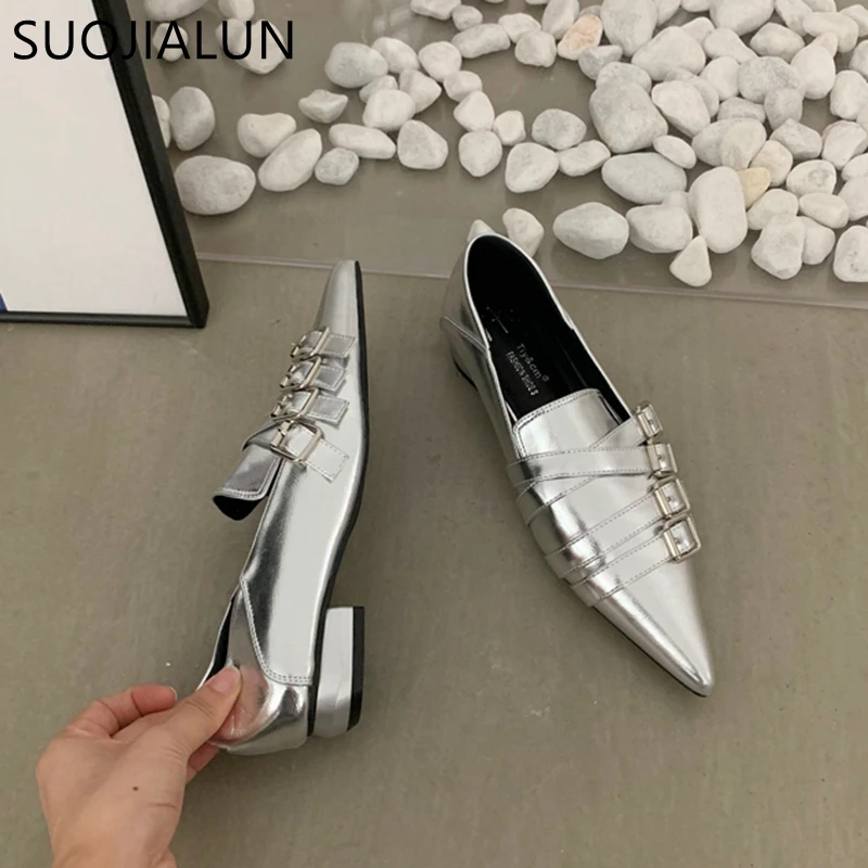 SUOJIALUN 2023 Autumn Ladies Women Flat Shoes Fashion Brand Buckle Women Elegant Laofer Shoes Flat Heel Slip On Dress Ballerinas