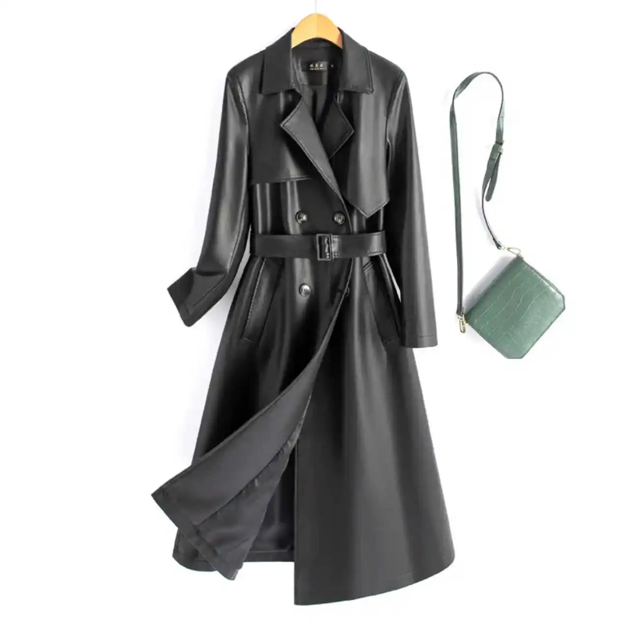 Faionable Casual Haening Leather Jaet Women's Long Slim Fit Waist Belt Windbreaker Outerwear Sli Long Sve Coat