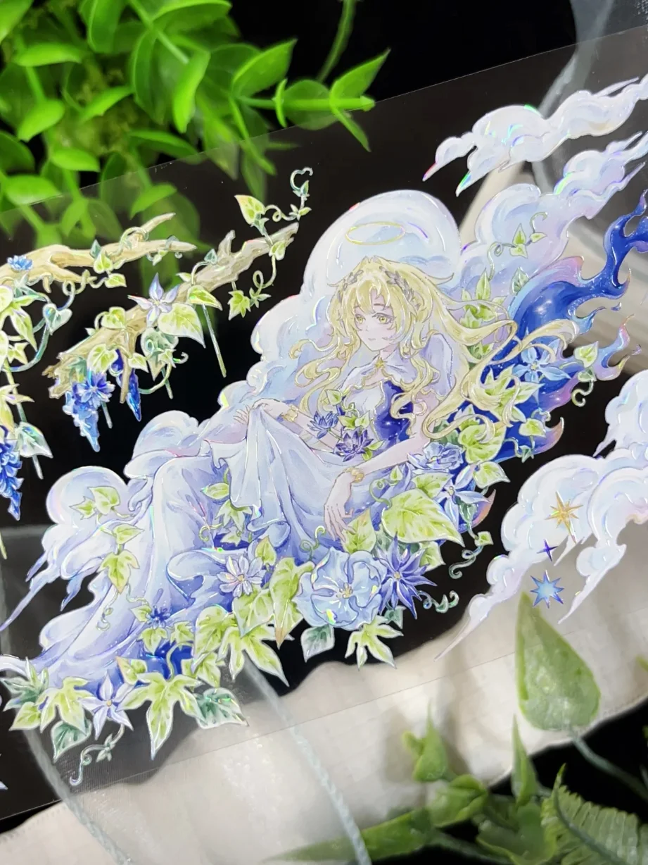 Vine Shadow Light Blue PET Shell Light Washi Tape, 1.25m, Blue Yellow Castle Cloud, for Journal Scrapbooking DIY Craft