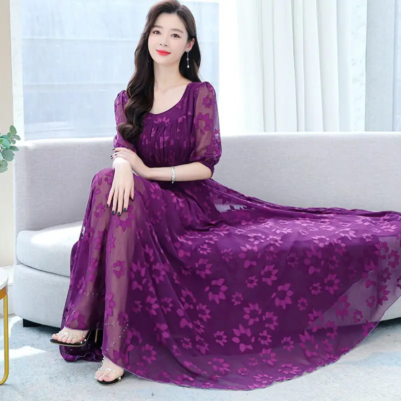 

Trend Purple High-End Jacquard Dresses Long 2023 Summer Slim Square Collar Chiffon Dress Vestido Longo Festa Elegante Z2117