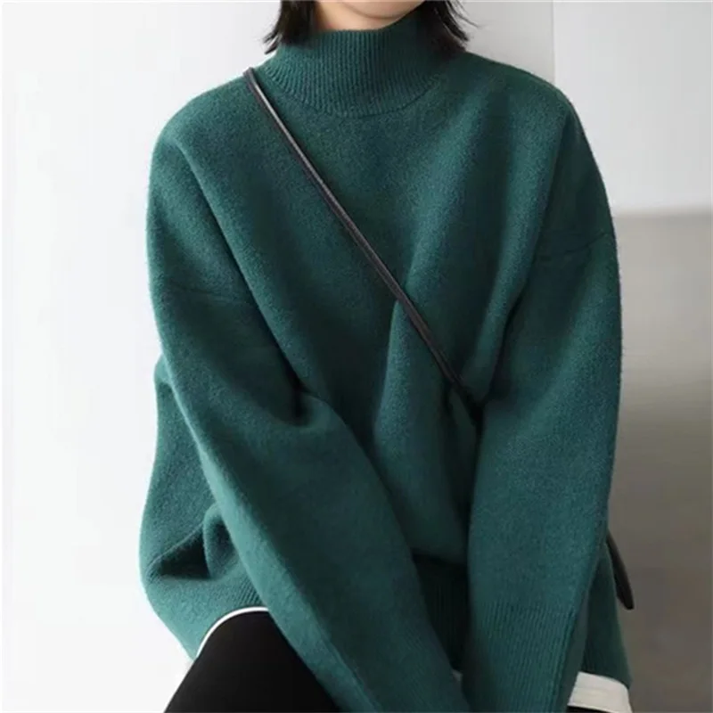 Autumn Winter Women's Knitted Sweaters Korean High Neck Jumper Thick Loose Solid Pullover Oversized Sweater Turtleneck for Women