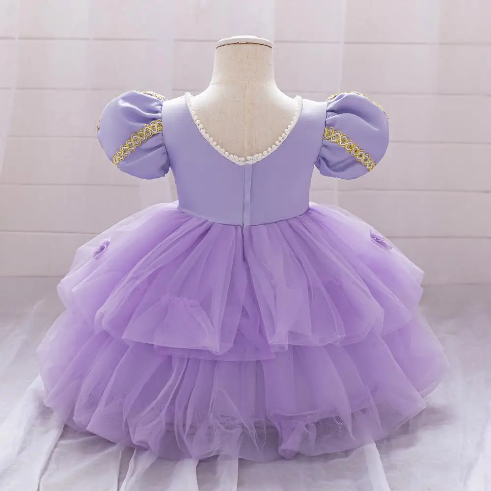Summer Girls' New Decal Patchwork Bubble Sleeve Mesh Sweet and Cute Dress Kindergarten Graduation Ceremony Evening Dress