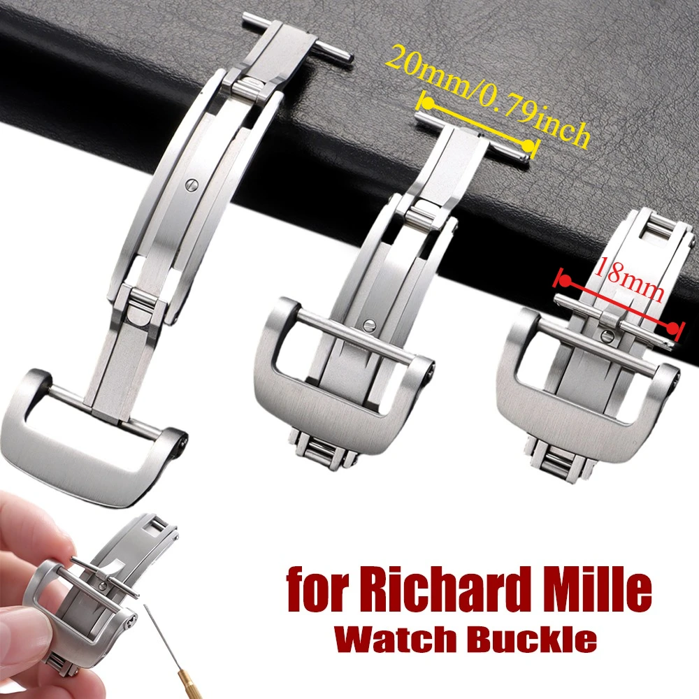 Edelstahl-Verschluss für Richard Mille 18 mm 20 mm Doppelpressuhr, Falttaste, Schmetterlingsschnalle für Lederarmband-Zubehör