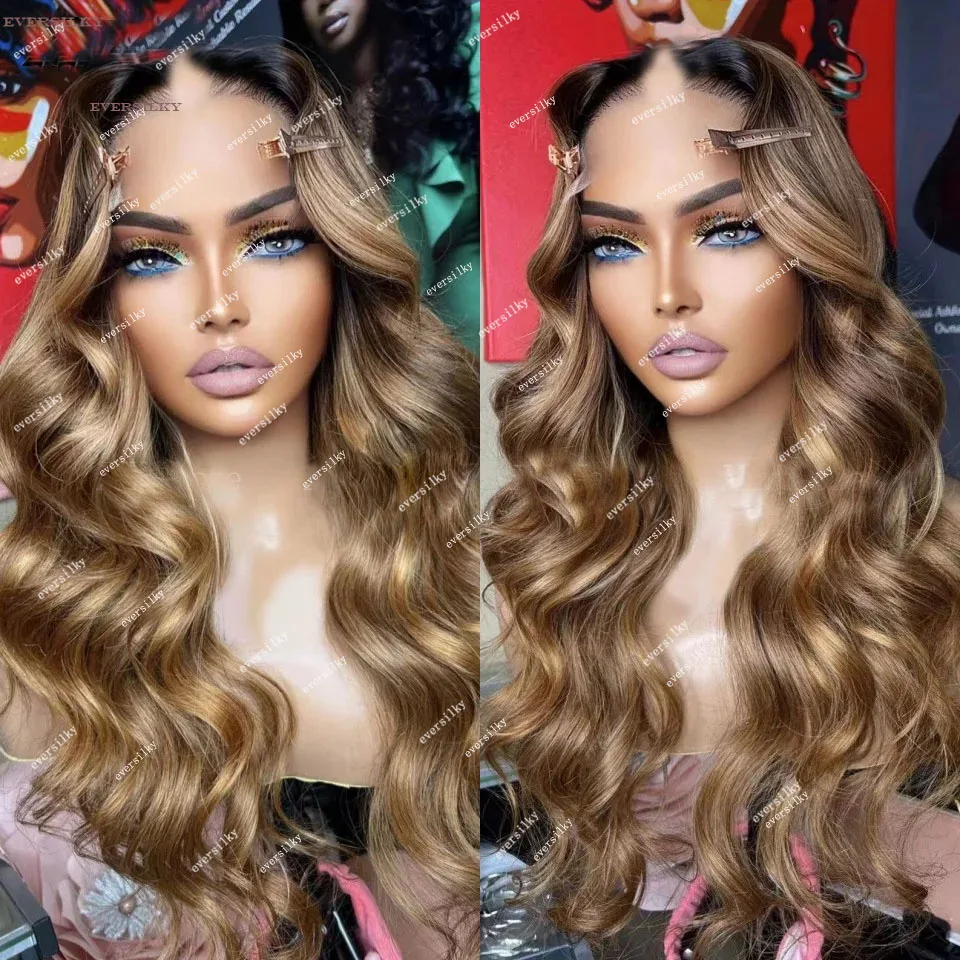 

Ombre Honey Blonde Loose Wavy V Part Wig 100% Human Hair Wig Highlights Chestnut Brown Glueless Body Wave Cheap Full U Shape End