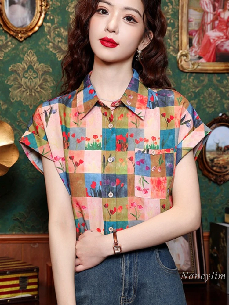 

Retro Plaid Floral Print Short-Sleeved Blouse Women's Summer Top 2024 New Design Sense Loose Blouse Slimming Elegant Top