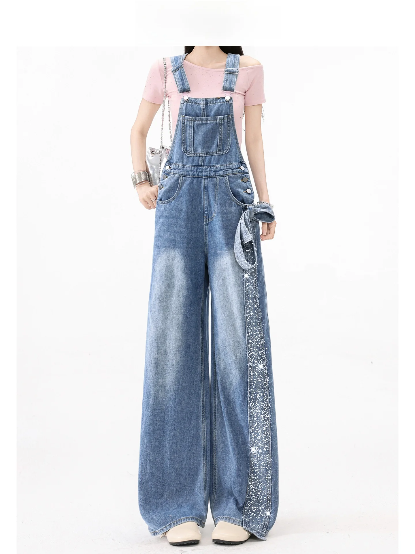 Overol Vaquero Azul de Pierna Ancha Forever 21 para Mujer, Diseño de Cintura Alta, Corte Holgado, Lazo de Mariposa, Atuendo C...