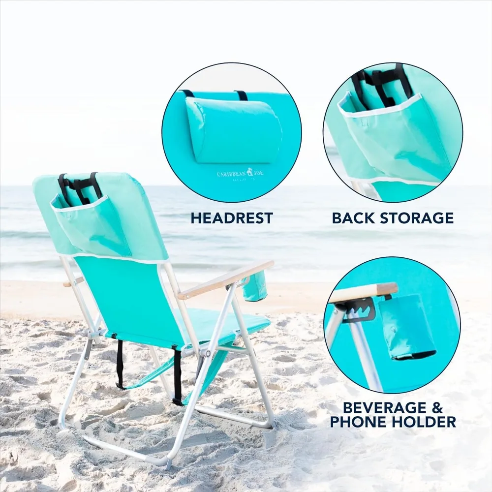 Silla de playa plegable portátil con posiciones ajustables, diseño de mochila, reposacabezas, portavasos y brazos de madera para acampar y O