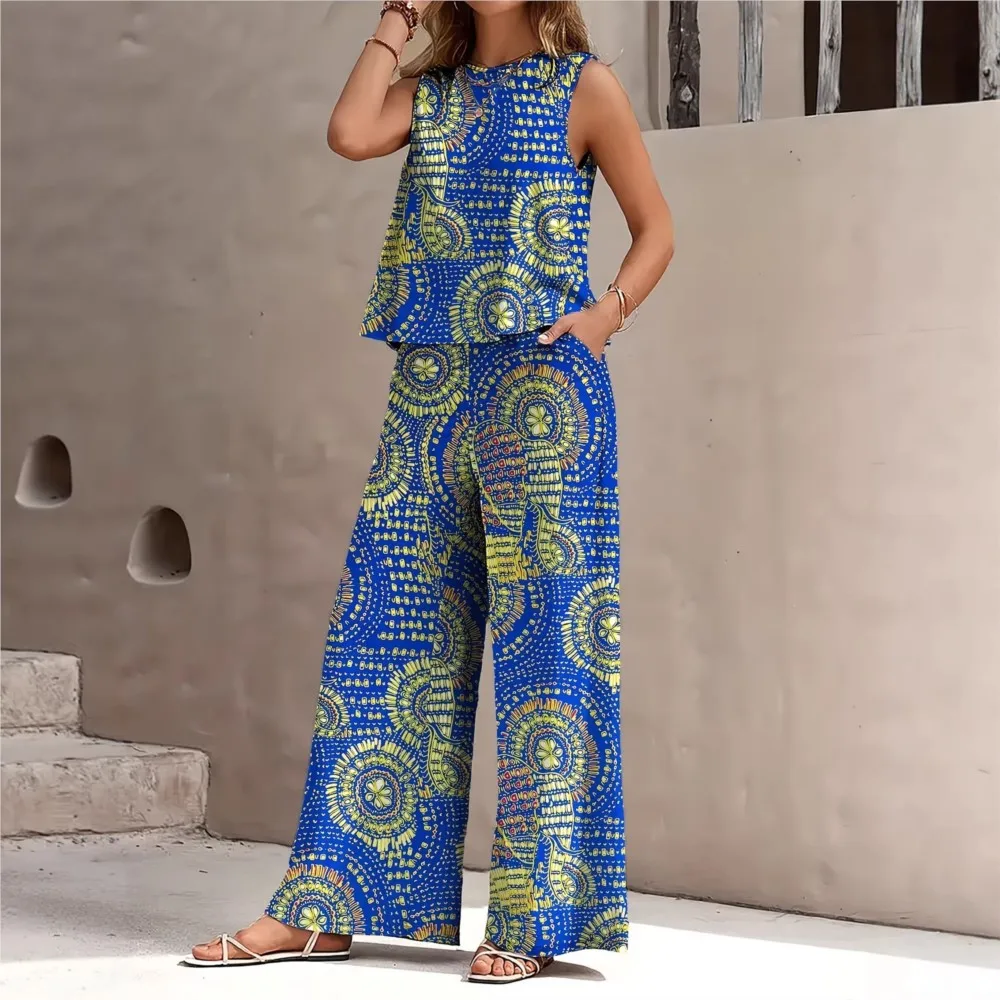 Spring Summer New Fashion Elegant Vest 2-piece Casual Sleeveless Tops Retro Printed Wide-leg Trousers Suit For Female 2026