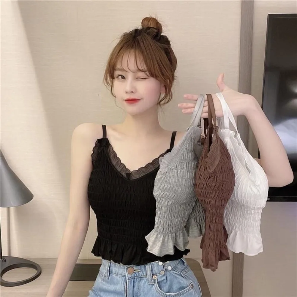 

Skin Friendly Versatile Camisole Lace Solid Color Tube Tops Built In Bra Soft Crop Tops for Women