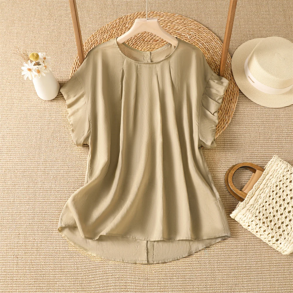 

plus Size Cotton Linen Shirt Women's Fashion Summer New Short Sleeve Top Luxury Feel Commute Style round Neck Chinese Made