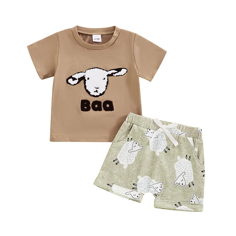 

Little Boys Summer Outfits Sheep Embroidery Short Sleeve Round Neck T-Shirt with Elastic Waist Shorts Sets