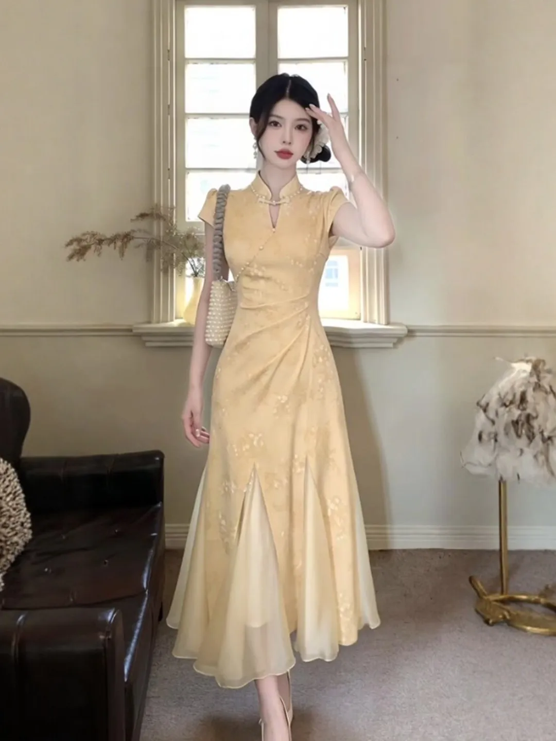 

New Chinese Style National Trend Improved Dress Gentle Wind Very Attractive Waist Cinching Long Dress Summer