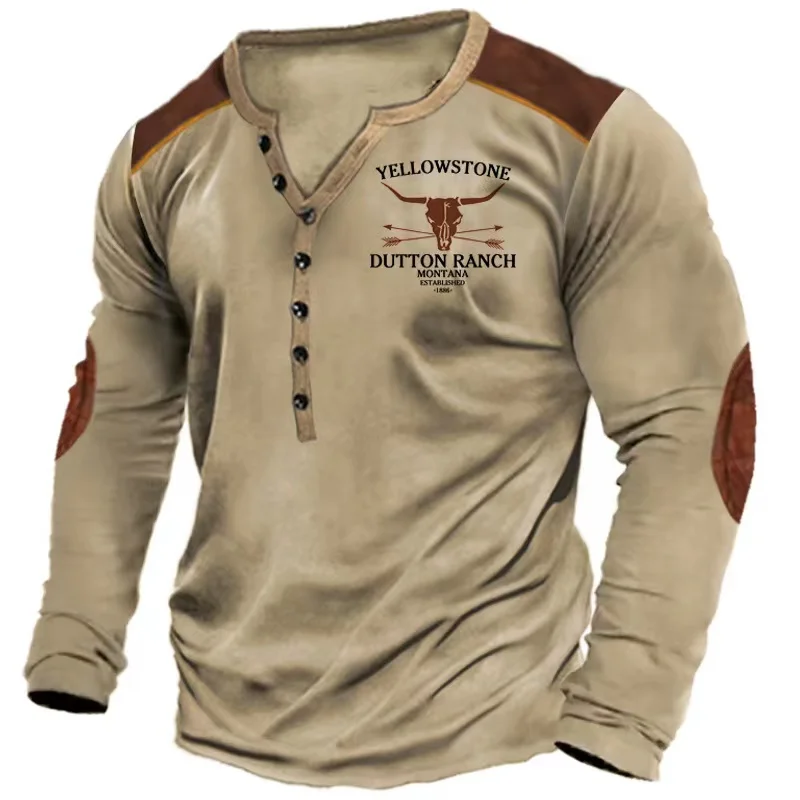 Vintage Men's T Shirt Yellowstone National Park Long Sleeve Tee Usa Route 66 Letter Graphic T-Shirts Oversized Men Clothing Tops