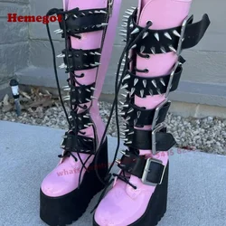 Spicy Girls Motorcycle Boots Belt Buckle Rivet Knee High Boots Round Toe Platform Cross Tied Women's Long Boot Wedges Gothic